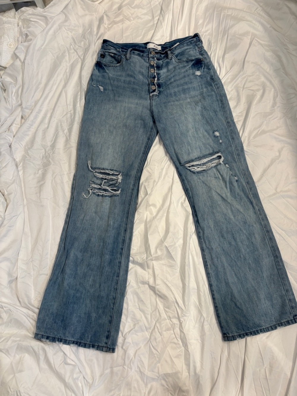 Light Wash Distressed Flare Jeans - Button Fly